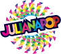 Julianapop logo- Julianapop in 9 kleuren, omringd met honderden gekleurde driehoeken